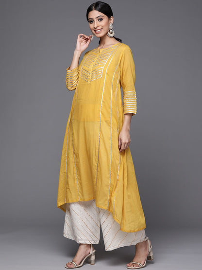 Dhiyona VA Women's Mustard Yellow & Yellow Gotta Patti Cotton Kurta with Palazzos & Dupatta