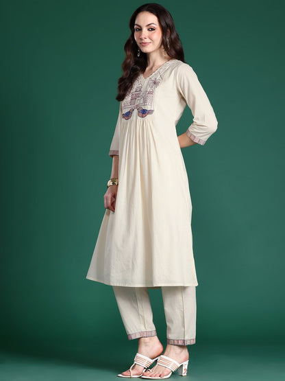 Embroidered Panelled Thread Work Kurta with Trousers
