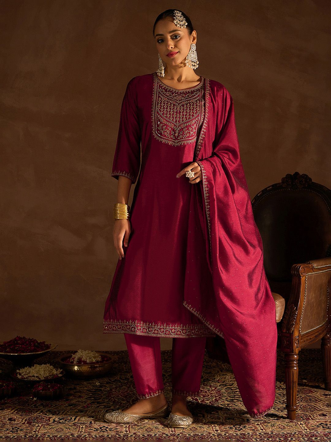 Dhiyona IE Maroon Ethnic Motifs Embroidered Regular Sequinned Kurta with Trousers & Dupatta
