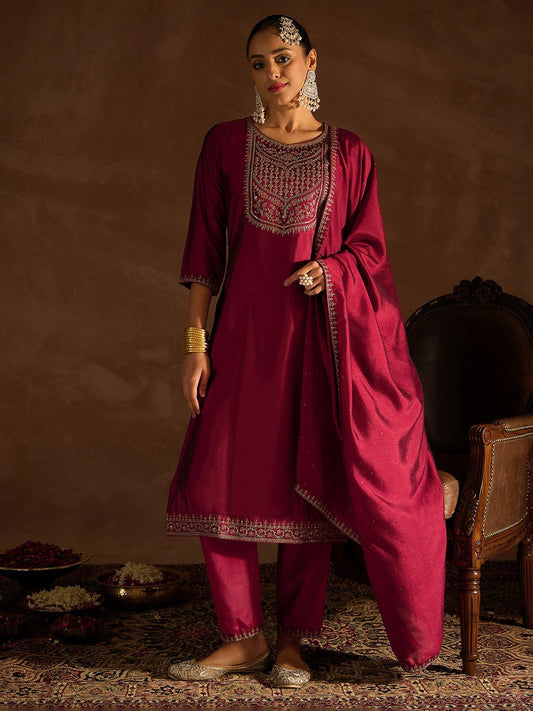 Maroon Ethnic Motifs Embroidered Regular Sequinned Kurta with Trousers & Dupatta