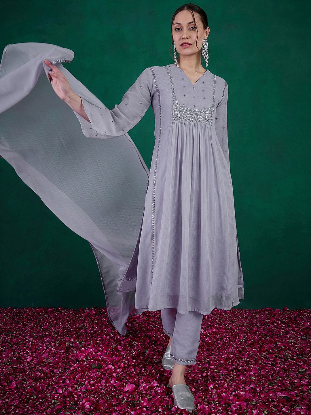 Dhiyona SN Women's Floral Embroidered A-Line Kurta With Trouser & Dupatta