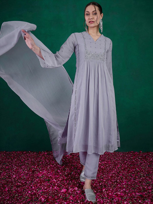 Dhiyona SN Women's Floral Embroidered A-Line Kurta With Trouser & Dupatta