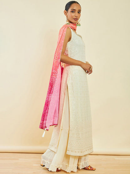 Dhiyona SO Women's Ethnic Motifs Embroidered High Slit Thread Work Kurta With Sharara & Dupatta