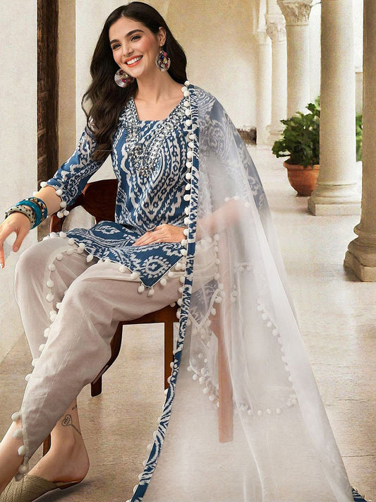 Dhiyona IS Women's Ethnic Motifs Printed Mirror Work Straight Kurta with Dhoti Pants & Dupatta