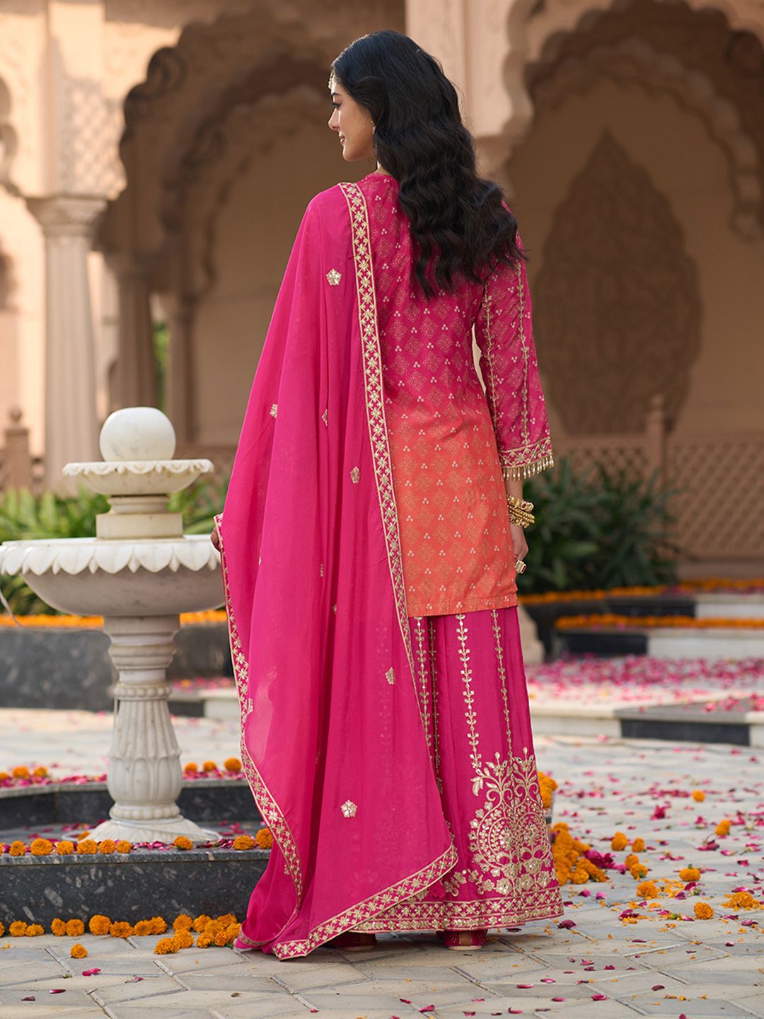 Floral Embroidered Zari Straight Kurti With Palazzos And Dupatta