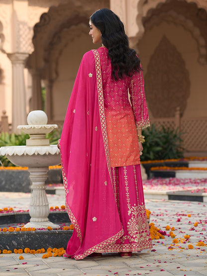 Floral Embroidered Zari Straight Kurti With Palazzos And Dupatta