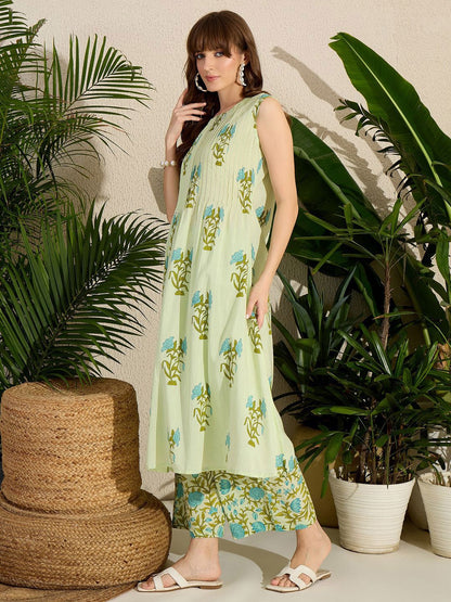 Dhiyona IE Women's Floral Printed Pleated Pure Cotton Kurta with Palazzos