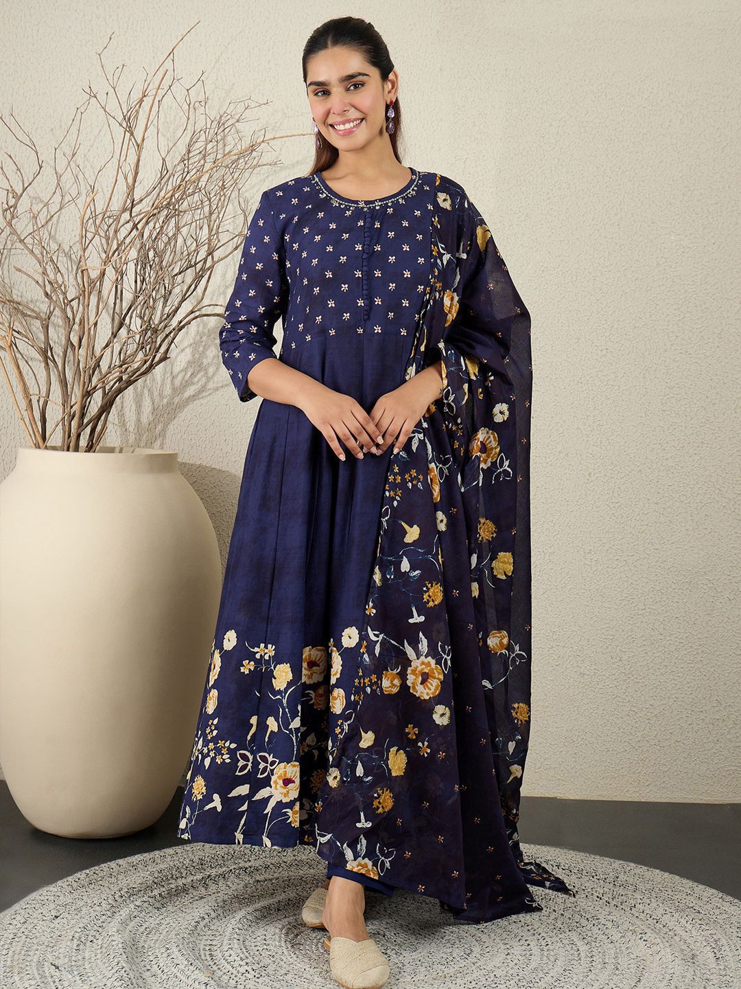 Women Floral Printed Anarkali Pure Cotton Kurta with Trousers & With Dupatta