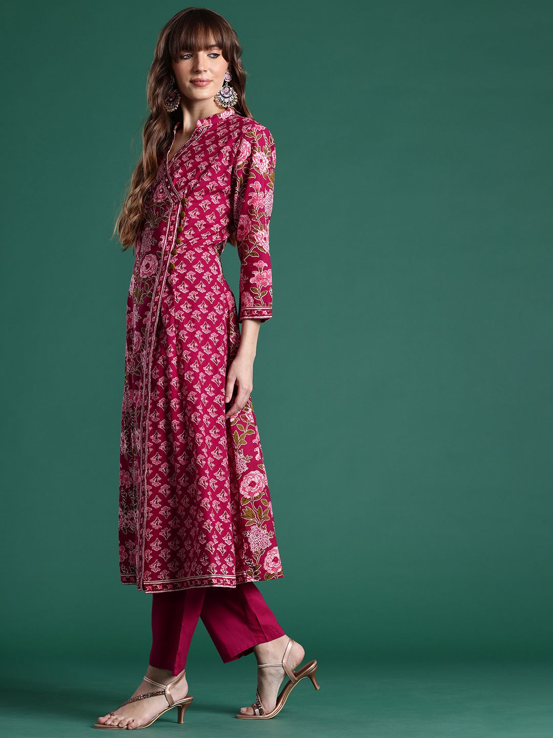 Dhiyona IE Floral Printed Angrakha Pure Cotton Kurta with Trousers & With Dupatta