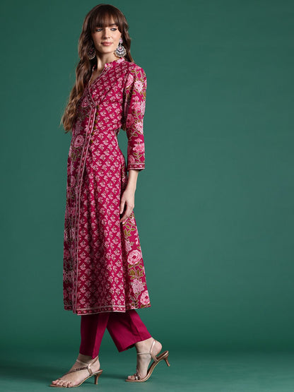 Dhiyona IE Floral Printed Angrakha Pure Cotton Kurta with Trousers & With Dupatta