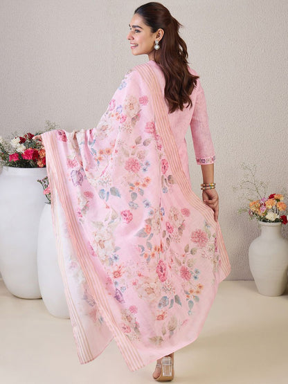 Women Floral Embroidered Linen Kurta with Trousers & Dupatta