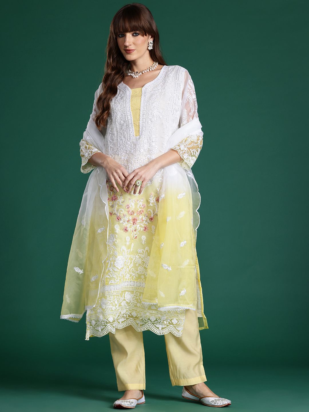 Floral Embroidered Sequinned Kurta With Trousers & Dupatta