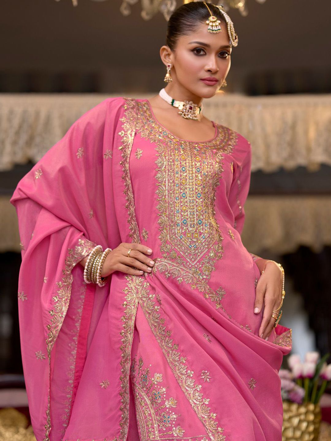 Women Floral Embroidered Kurta with Palazzo & Dupatta