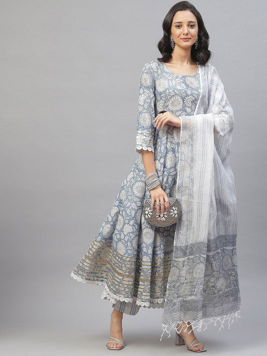 Dhiyona KL Floral Printed Gotta Patti Pure Cotton Anarkali Kurta With Trousers & Dupatta