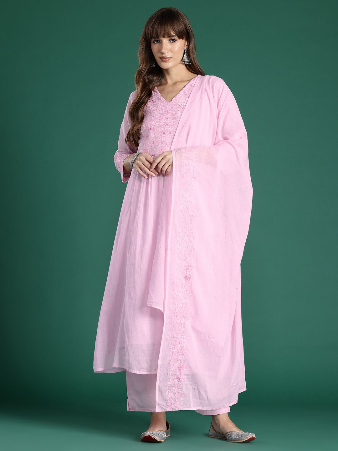 Floral Embroidered Panelled Thread Work Pure Cotton Kurta with Trousers & Dupatta