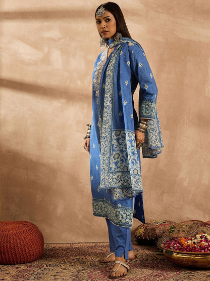 Dhiyona IE Women Ethnic Motifs Embroidered Regular Thread Work Pure Cotton Kurta with Trousers & With Dupatta