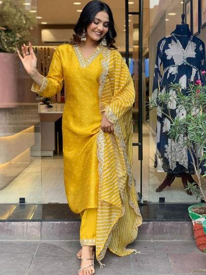 Women's Bandhani Embroidered Regular Sequinned Kurta With Trouser & Dupatta