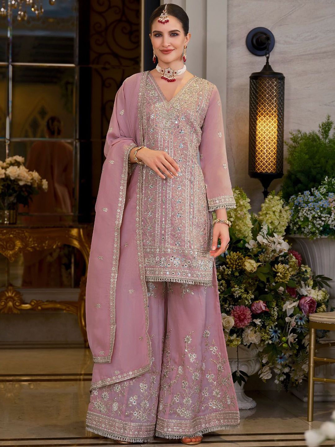 Dhiyona IE Women's Adults-Women Woven Design Embroidered Kurta with Sharara & Dupatta
