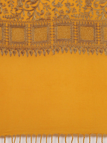 Dhiyona PA Women Pure Woolen Yellow Floral Embroidered Shawl