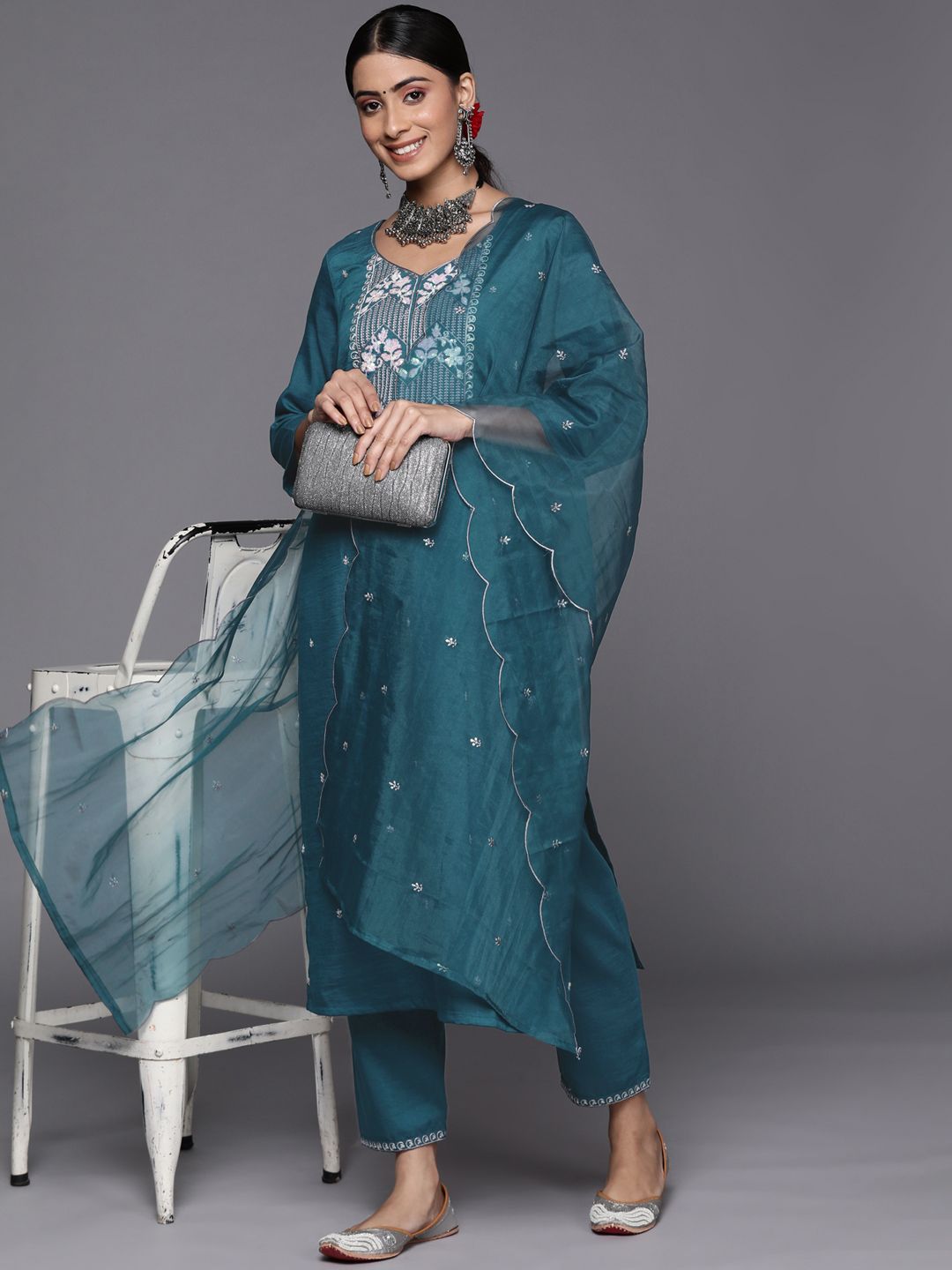 Dhiyona VA Women's Teal Ethnic Motifs Embroidered Sequinned Kurta with Trousers & With Dupatta