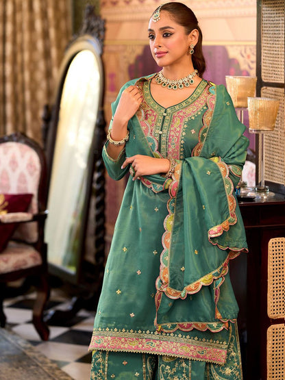 Floral Embroidered Sequinned Straight Kurta With Palazzos & Dupatta