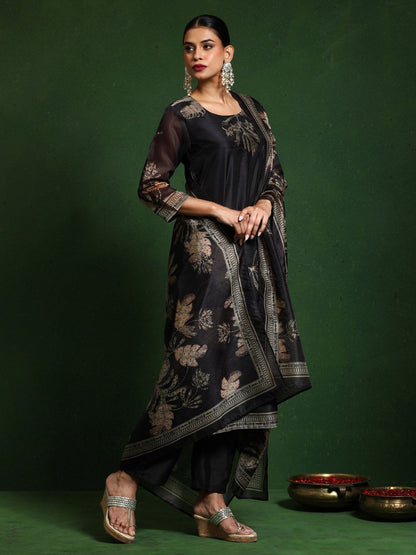 Dhiyona VA Women'sFloral Embroidered Thread Work Chanderi Silk Kurta with Trousers & Dupatta