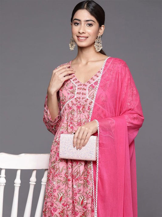 Dhiyona VA Women's Floral Printed Empire Pure Cotton Kurta with Trousers & With Dupatta