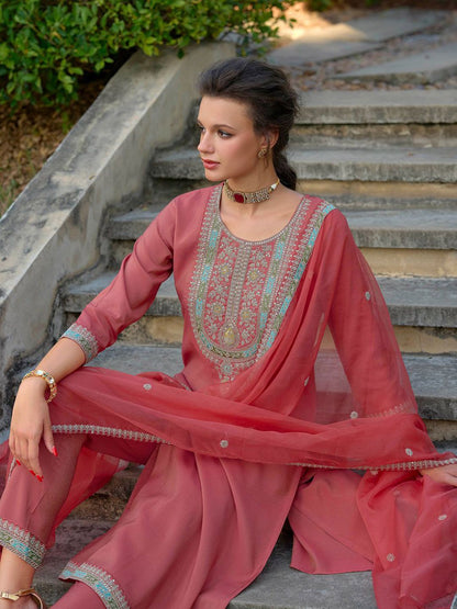 Ethnic Motifs Yoke Design Straight Kurta with Trousers & Dupatta