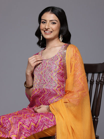 Dhiyona VA Women'sChevron Print Zari Embroidered Kurta with Trousers & With Dupatta