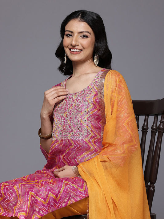 Dhiyona VA Women'sChevron Print Zari Embroidered Kurta with Trousers & With Dupatta