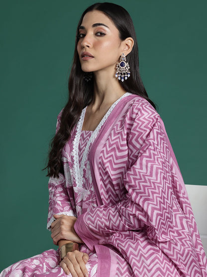 Dhiyona IE Women Floral Printed Regular Pure Cotton Kurta with Trousers & With Dupatta
