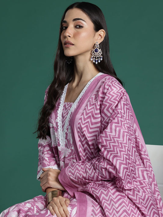Dhiyona IE Women Floral Printed Regular Pure Cotton Kurta with Trousers & With Dupatta
