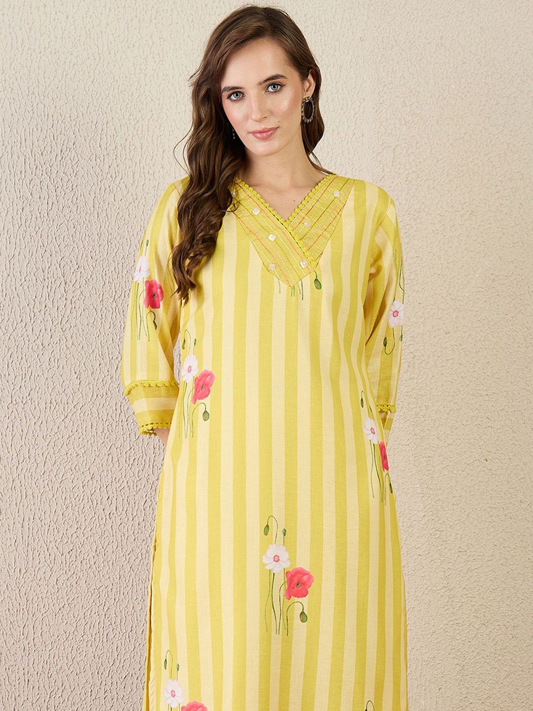 Striped V-Neck Linen Straight Kurta With Trouser