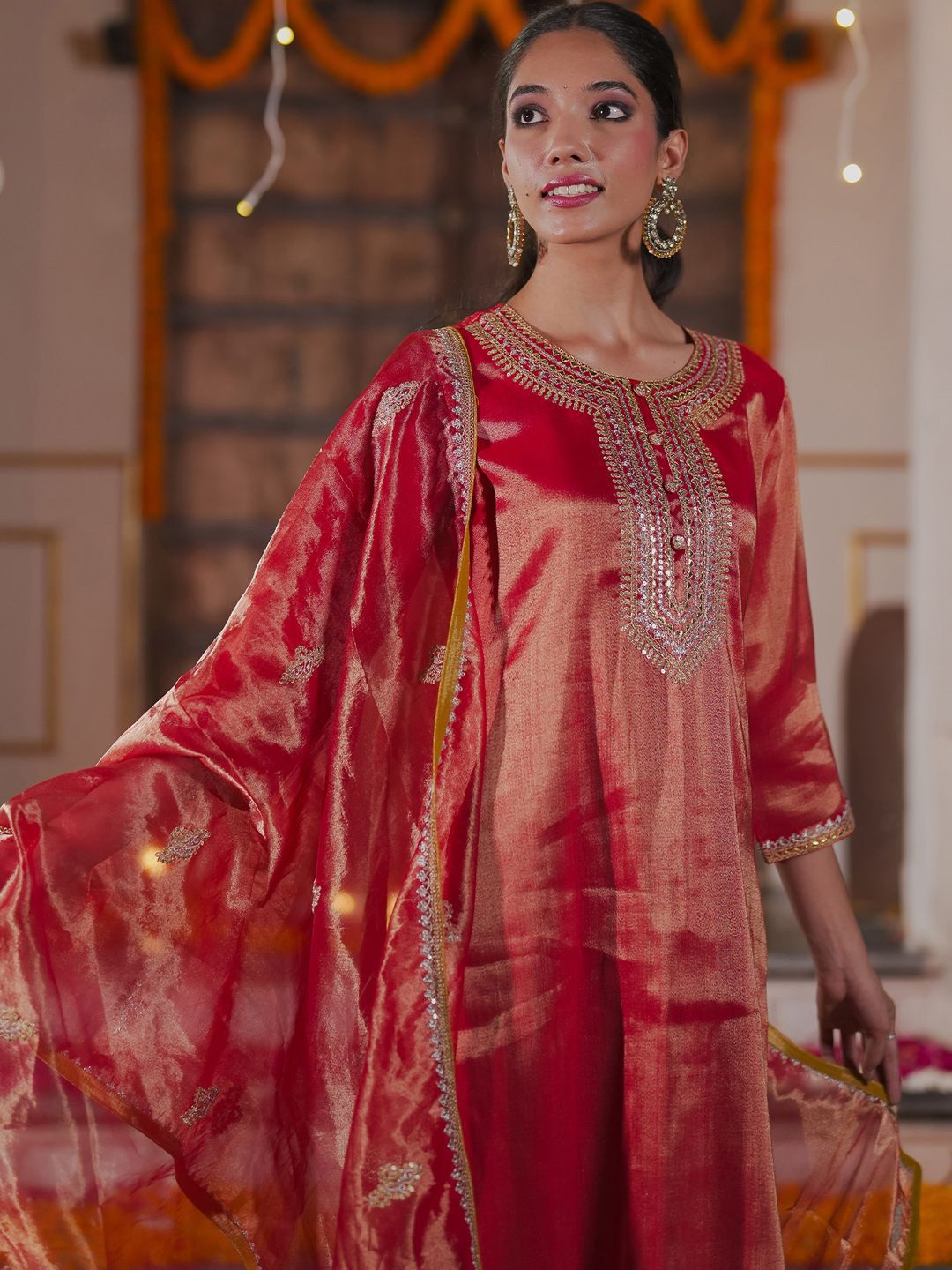 Dhiyona IE Women Ethnic Motifs Embroidered Sequinned Liva Kurta with Trousers & With Dupatta