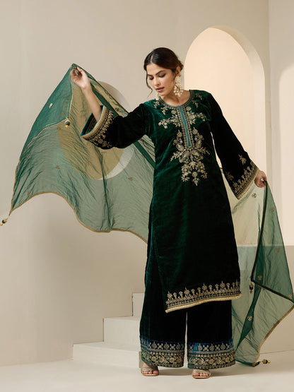Dhiyona IS Women's Floral Motifs Zari Embroidered Velvet Kurta With Palazzos & Dupatta