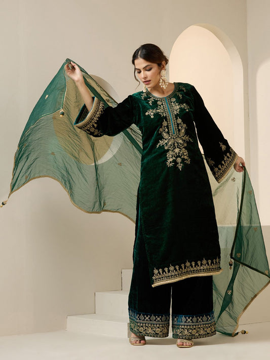 Dhiyona IS Women's Floral Motifs Zari Embroidered Velvet Kurta With Palazzos & Dupatta