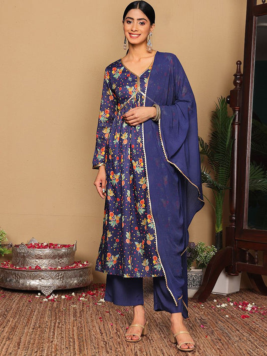 Dhiyona VA Women'sViolet Floral Printed Empire Sequinned Cotton A-Line Kurta With Trousers & Dupatta