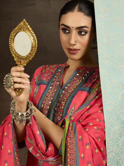 Ethnic Motifs Printed Pure Cotton Straight Kurta With Trousers & Dupatta