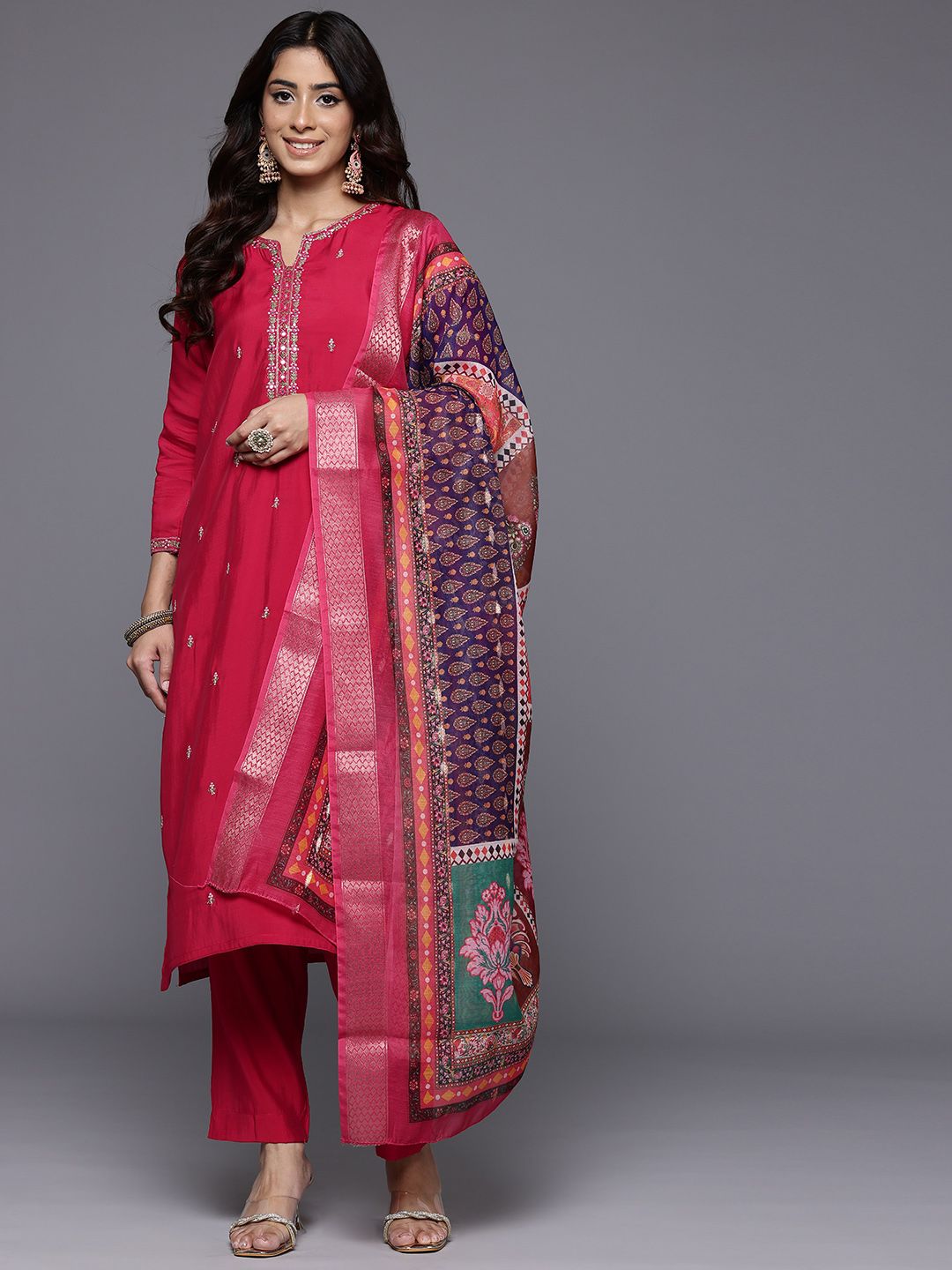 Dhiyona VA Women'sThread & Zari Embroidered Kurta with Trouser & Ethnic Printed Dupatta