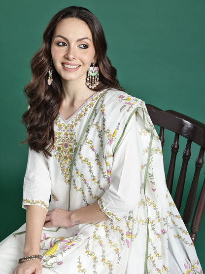 Floral Embroidered Pure Cotton Kurta with Trousers & Dupatta