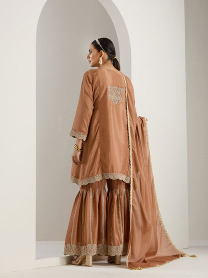 Dhiyona IS Women's Ethnic Motifs Embroidered Regular Thread Work Straight Kurta with Sharara & Dupatta