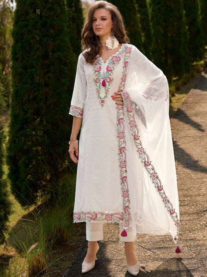 Women Floral Embroidered Regular Sequinned Pure Cotton Kurta & Trousers & Dupatta