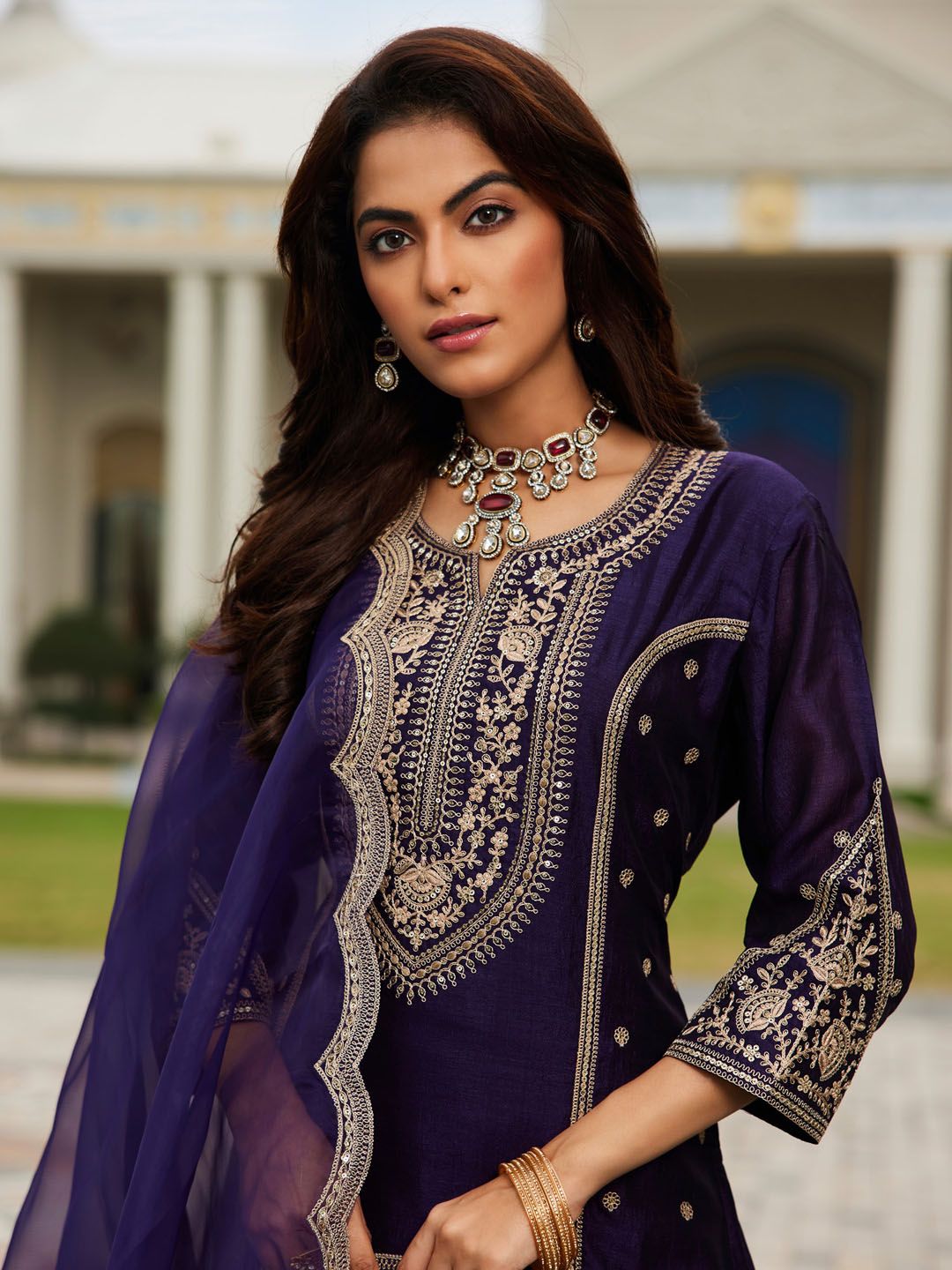 Women Ethnic Motifs Embroidered Panelled Kurta with Trousers & With Dupatta