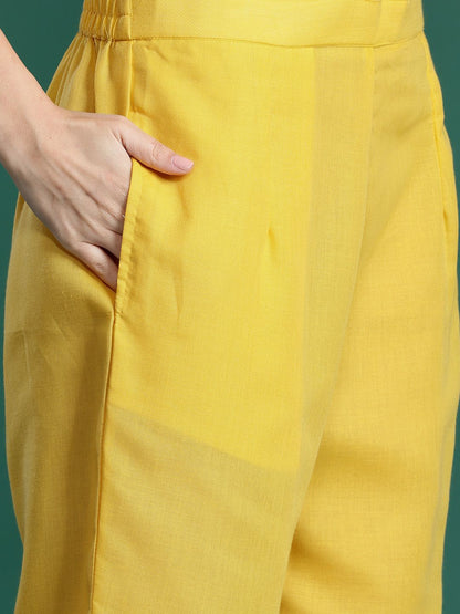 Floral Embroidered Thread Work Linen Kurta with Trousers & With Dupatta