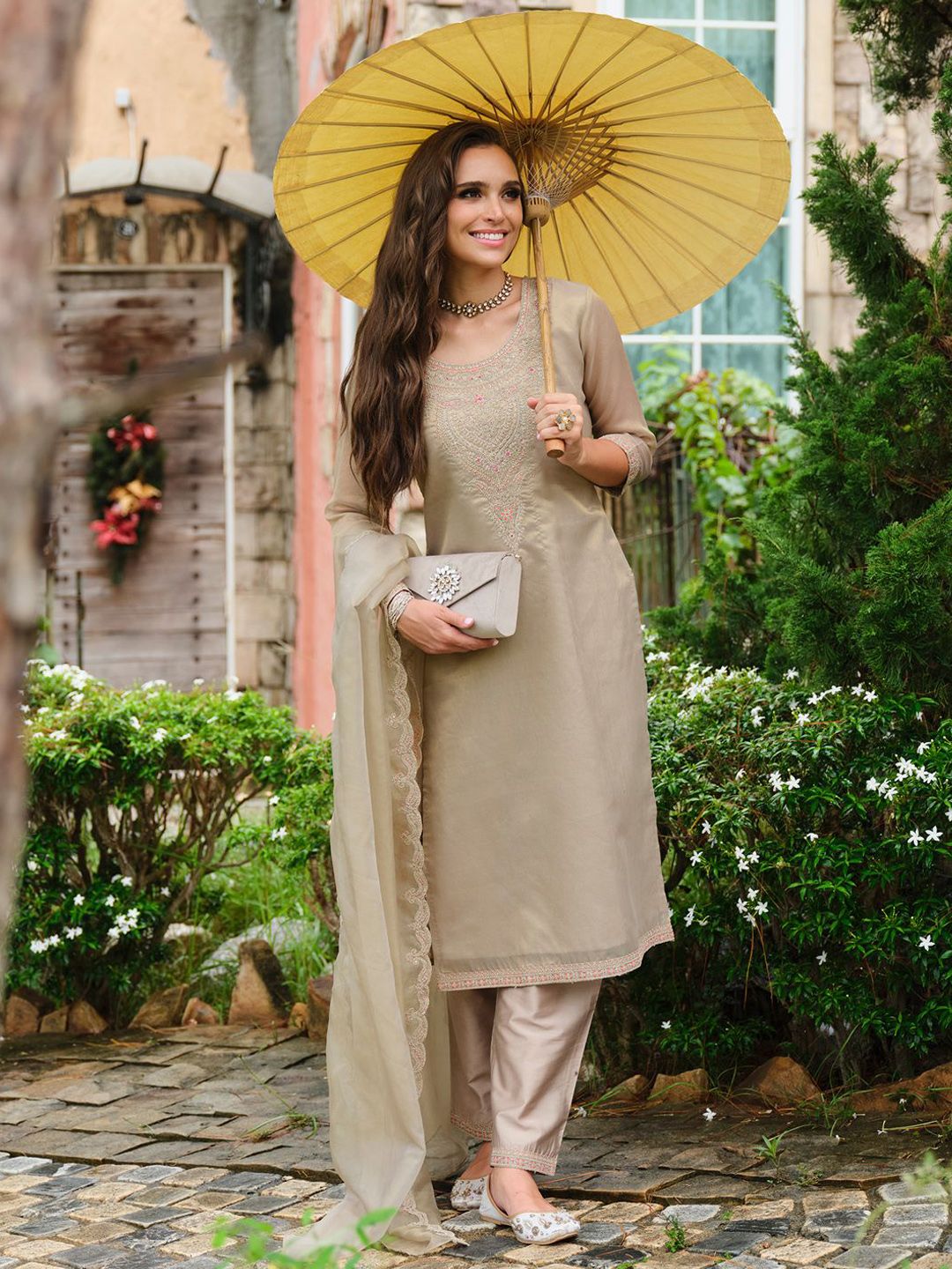 Floral Yoke Design Sequnnied Straight Kurta With Trousers & Dupatta