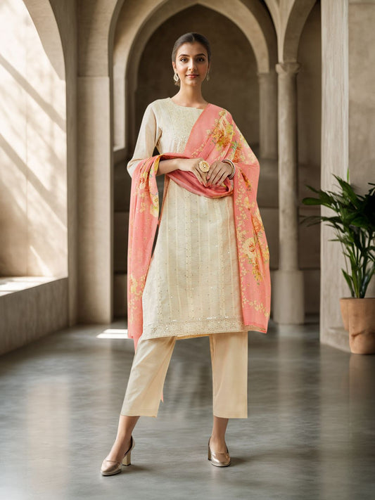 Dhiyona SO Women's Floral Embroidered Chanderi Cotton Kurta with Trousers & With Dupatta