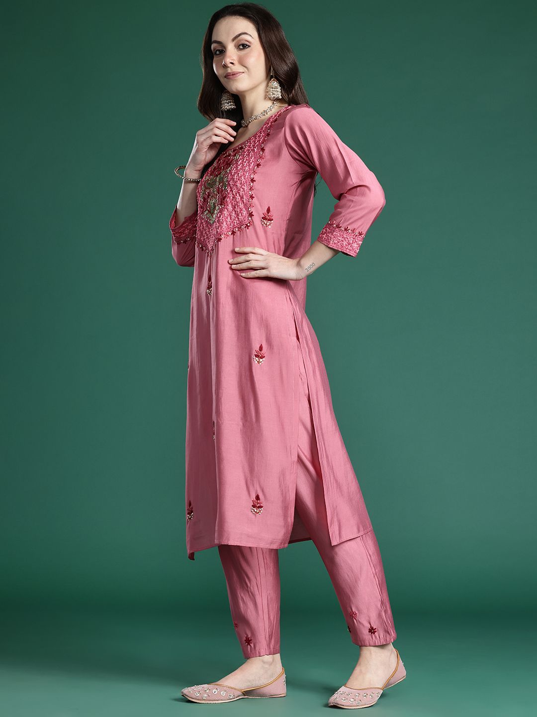 Floral Embroidered Thread Work Kurta with Trousers & With Dupatta