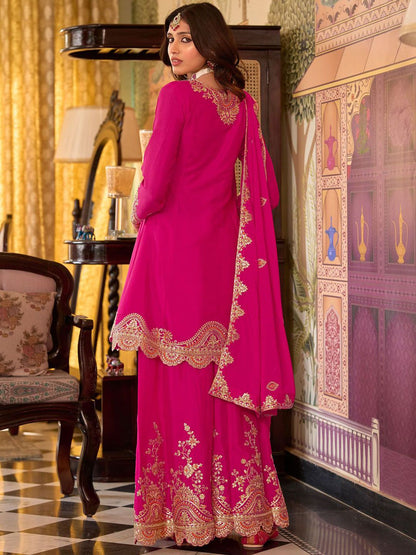 Floral Embroidered Sequinned Chinon A-Line Kurta With Palazzos & Dupatta