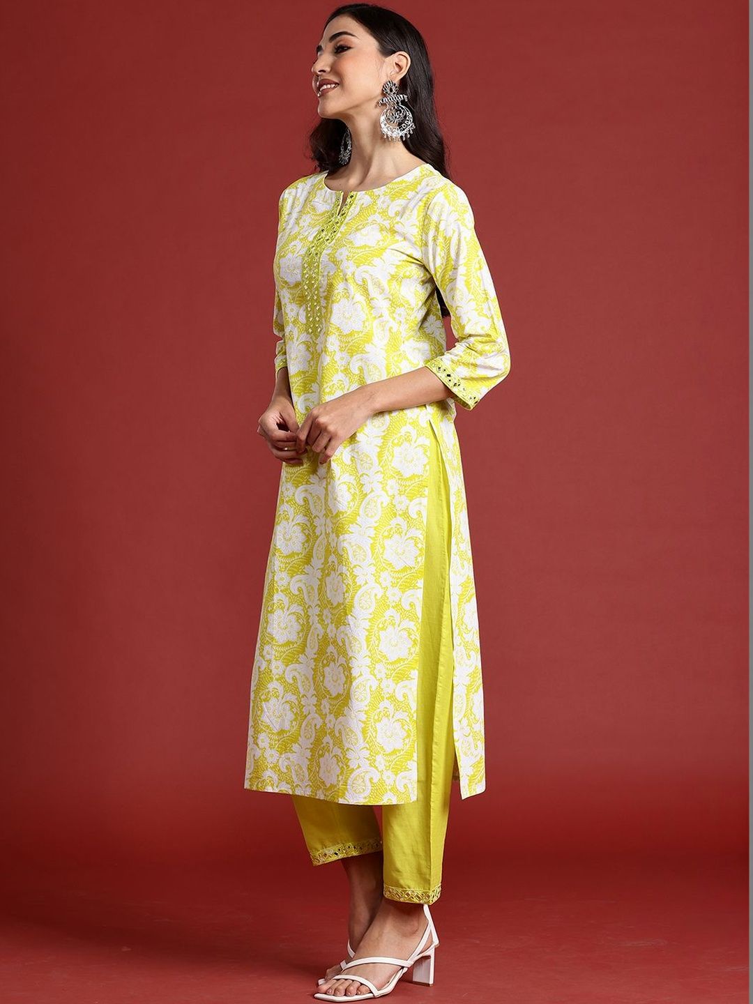 Women Ethnic Motifs Printed Regular Thread Work Pure Cotton Kurta with Trousers & With Dupatta