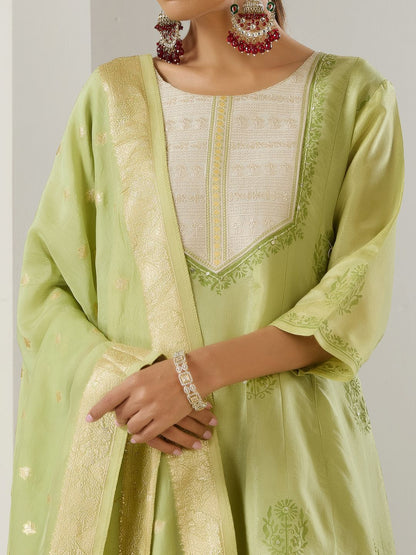 Dhiyona IS Women's Green Ethnic Motifs Embroidered Chanderi Silk Anarkali Kurta With Trousers & Dupatta